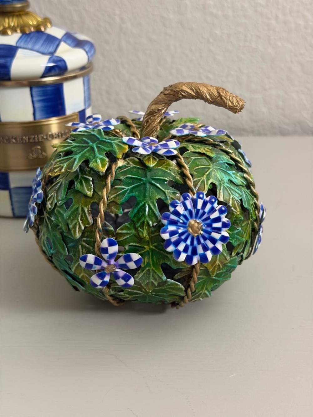 MacKenzie Childs Metal Green Leaf Pumpkin Blue White Flowers Fall Harvest
